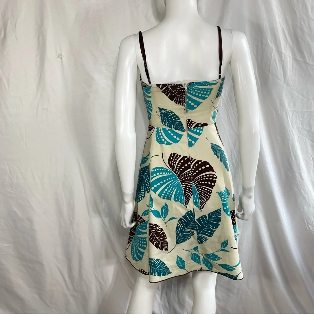 Ruby Rox Retro Y2K Strappy Fit & Flare Teal Brown Leaf Print Dress